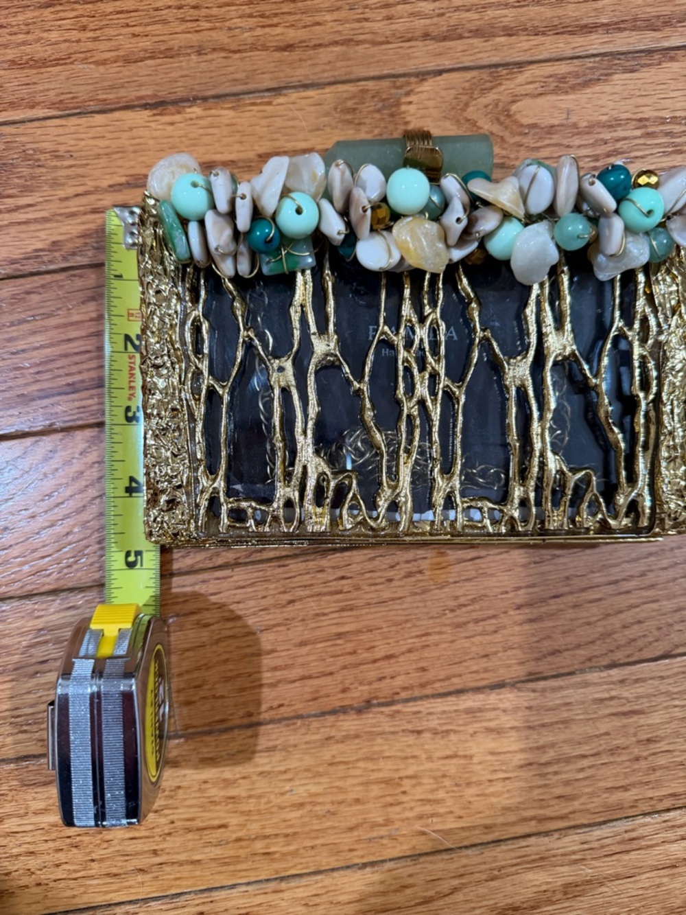RAMLA(ZEINA)Gold Beaded Floral Accent Evening Bag - Green & Cream Embellishments - Picture 8 of 11